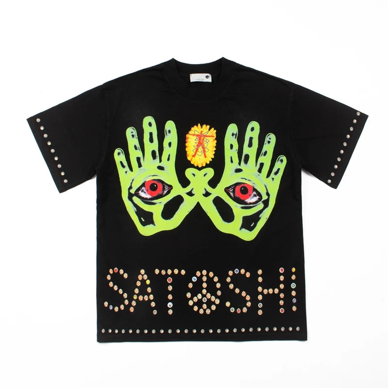 Men Women Summer SATOSHI Tshirts Sky Eye Double Palm Printed Retro Distressed Washed Short Sleeve Tops Casual Streetwear - Matrix-studios.com