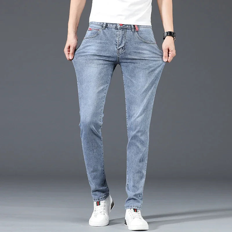 2024 New Men's Cotton Business Casual Skinny Jeans Trendy Fashionable Stretch Straight Slim Denim Trousers Male Blue Grey - Matrix Studios