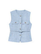Women's Tweed Waistcoat with Belt, O Neck, Sleeveless, Front Button, Female Outerwear, Chic Tops, Fashion - Matrix Studios