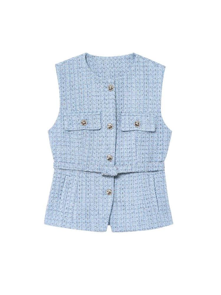 Women's Tweed Waistcoat with Belt, O Neck, Sleeveless, Front Button, Female Outerwear, Chic Tops, Fashion - Matrix Studios