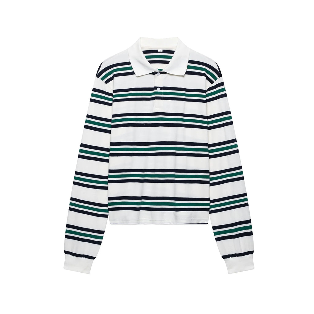 Summer Ladies Polo Shirts Woman Brown Striped Vintage Clothes Polo Shirts Green Stripe Print Mujer Short Sleeve Tees Casual - Matrix-studios.com