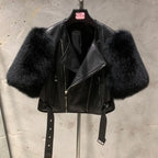 Leather Fur Jacket Natural Fur Sleeve Ladies Short Leather Jacket Real Fox Fur Sleeve Coat Women Autumn 21001-1 - Matrix Studios