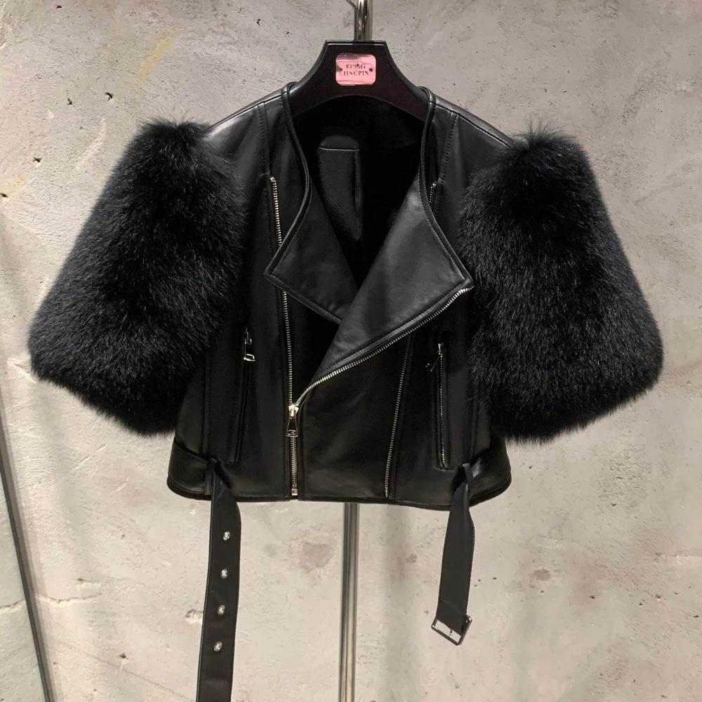 Leather Fur Jacket Natural Fur Sleeve Ladies Short Leather Jacket Real Fox Fur Sleeve Coat Women Autumn 21001-1 - Matrix Studios