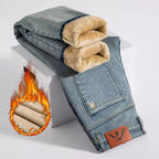 Winter Fleecy Thickened Warm Jeans Vintage Brand Classic Retro Youth Fashion Men Fit Straight Leg Casual Stretch Denim Pants - Matrix Studios