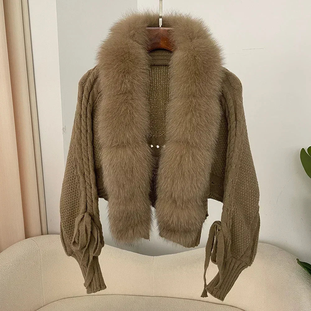 2024 Winter New Fashion Knitting Cardigan Placket Coat Women Casual Real Fox Fur Coat Short Warm Knitted Jacket with Natural Fur - Matrix Studios