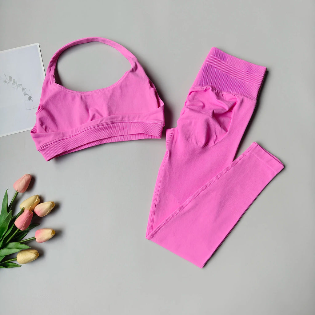 2 Pieces Women's Yoga Suit Seamless Fitness Gym Clothes Halter Sports Bra Matching Yoga Leggings for Workout Sets Gym Outfit - Matrix-studios.com