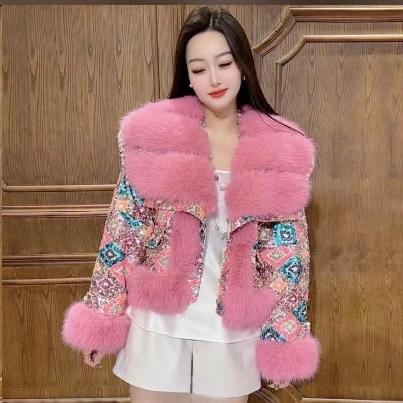 Outcoat The New Fur Cotton-padded Jacket Features Heavy Sequins Outerwear Sweet Faux Leather and A Stylish Thickened Fur Coat - Matrix Studios