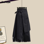 Women's Spring Autumn New Fashion Fake Two Piece Knit Sweater+Strap A-line Skirt Suit Korean Elegant Pullover Dress Matching Set - Matrix-studios.com