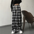 Casual sports pants, fashionable black checkered pants, loose elastic waist pocket, wide leg pants, neutral hip-hop loose pants - Matrix-studios.com