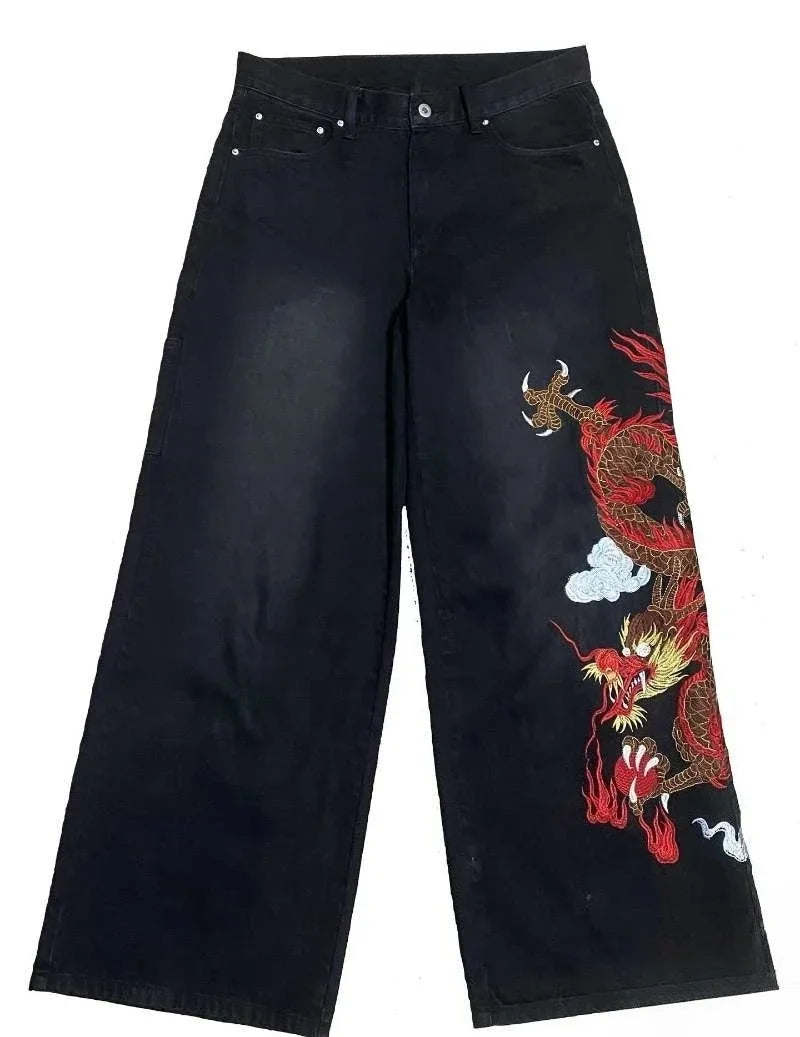 Dragon Graffiti Embroidery Dark Blue Loose Wide Leg Distressed Jeans Y2K High Waist Men Women Vintage Casual Daily Streetwear - Matrix Studios