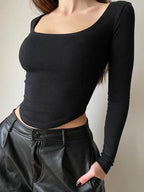 Square Collar Long Sleeve Casual Women T Shirts Green Autumn Skinny Sexy Solid Basic Crop Tops Fashion Streetwear - Matrix-studios.com
