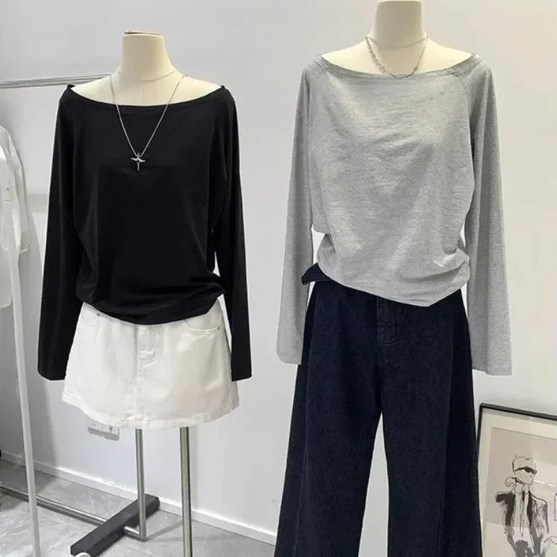 Autumn Winter One Shoulder Cotton Long Sleeve Slant Shoulder Women's Clothing Style Interior Wide Truffle Shoulder Base Shirt - Matrix-studios.com