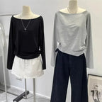 Autumn Winter One Shoulder Cotton Long Sleeve Slant Shoulder Women's Clothing Style Interior Wide Truffle Shoulder Base Shirt - Matrix-studios.com