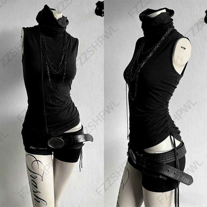 Gothic Y2K Women's Long-Sleeve T-Shirt Sexy Slim Fit Chic Slash Neck Zipper Design Crop Top Rock Punk Hip Hop Women's Streetwear