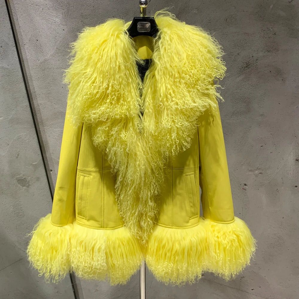 Sheep Fur Leather Coats Women Winter Luxury Mongolian Fur Leather Jackets with Long Sleeve with Natural Mongolian Fur 7251 - Matrix Studios