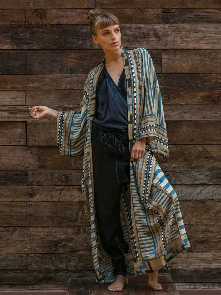Bohemian Printed Bikini Cover-ups Elegant Self Belted Kimono Dress Tunic Women Plus Size Beach Wear Swim Suit Cover Up Q1228 - Matrix Studios