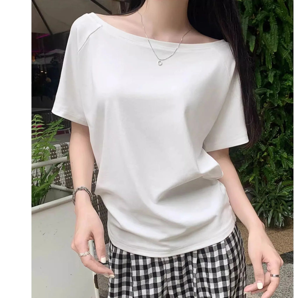 Autumn Winter One Shoulder Cotton Long Sleeve Slant Shoulder Women's Clothing Style Interior Wide Truffle Shoulder Base Shirt - Matrix-studios.com