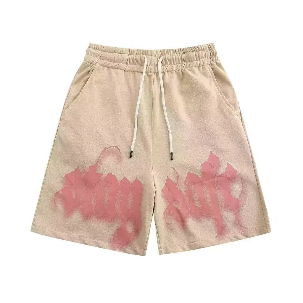 American Trend New Retro Sports High Street Pink Letters Versatile Tide Brand Summer Shorts Casual Printing Loose Shorts for Men