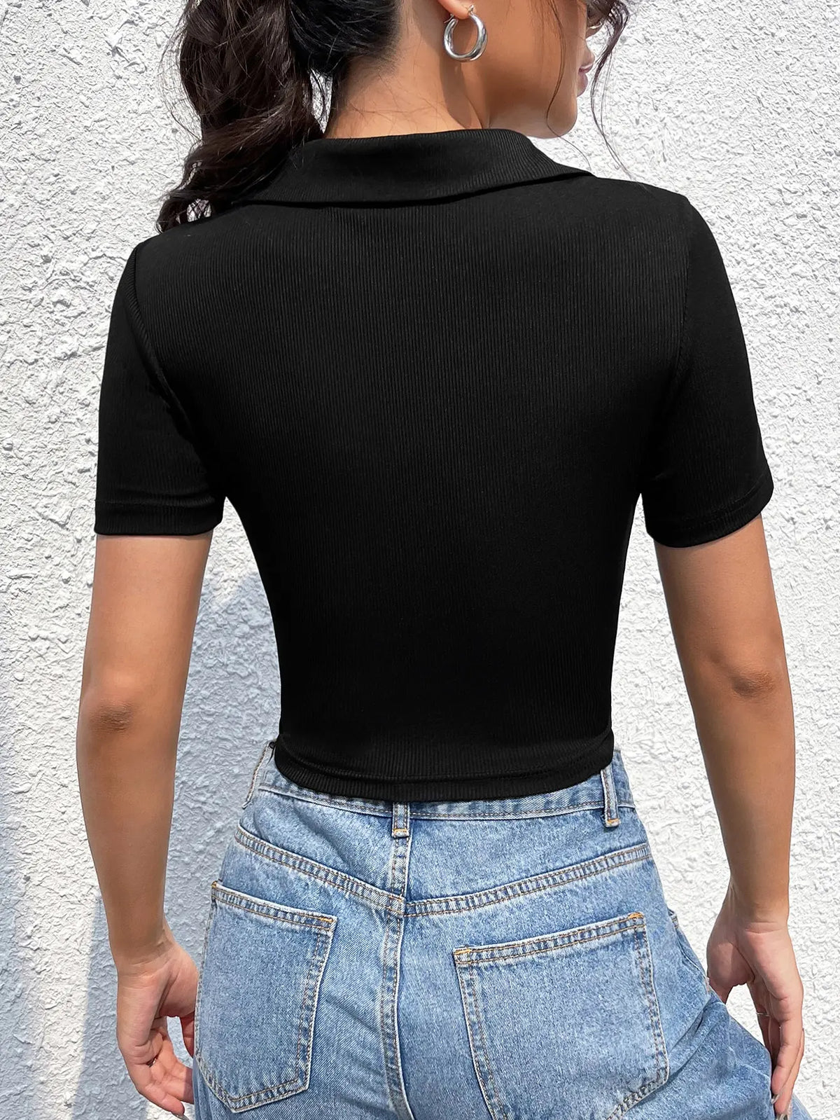 polo neck V short sleeve T-shirt women's summer shoulder high waist Spice Girl T-shirt slimming short crop top - Matrix-studios.com