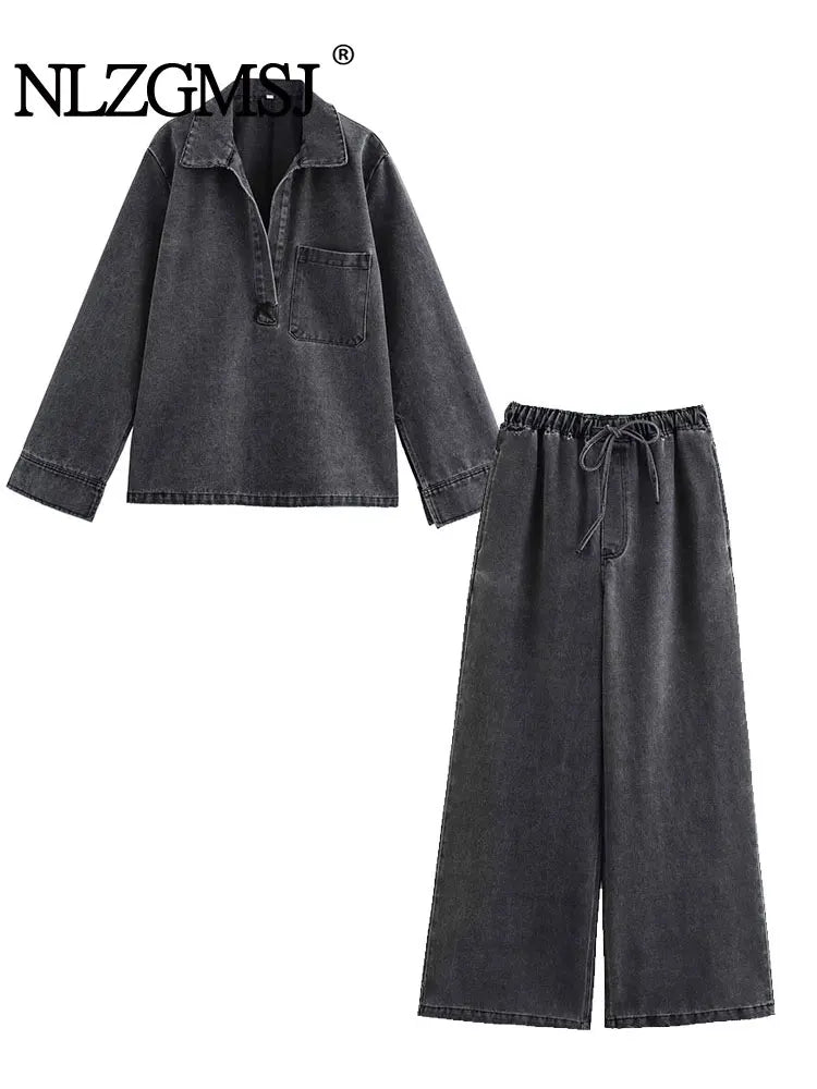 2024 Autumn Jeans Sets Women Turn-down Collar Casual Top Fashion High Waist Streetwear Female Denim Pant Two Piece Set - Matrix-studios.com