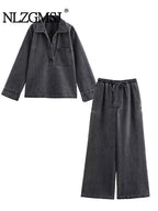 2024 Autumn Jeans Sets Women Turn-down Collar Casual Top Fashion High Waist Streetwear Female Denim Pant Two Piece Set - Matrix-studios.com