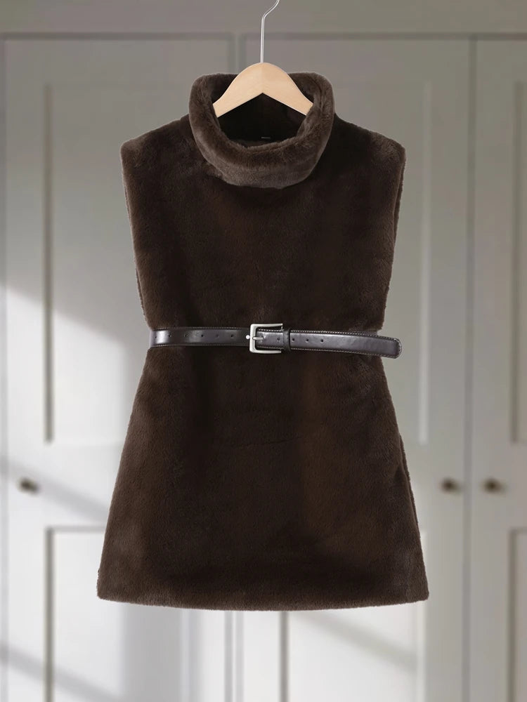 Faux Fur Vests Women Loose High Neck Hollow Out Sleeveless Belts Solid Crop Top Female 2025 Autumn Winter Chic Warm Tank Tops - Matrix Studios