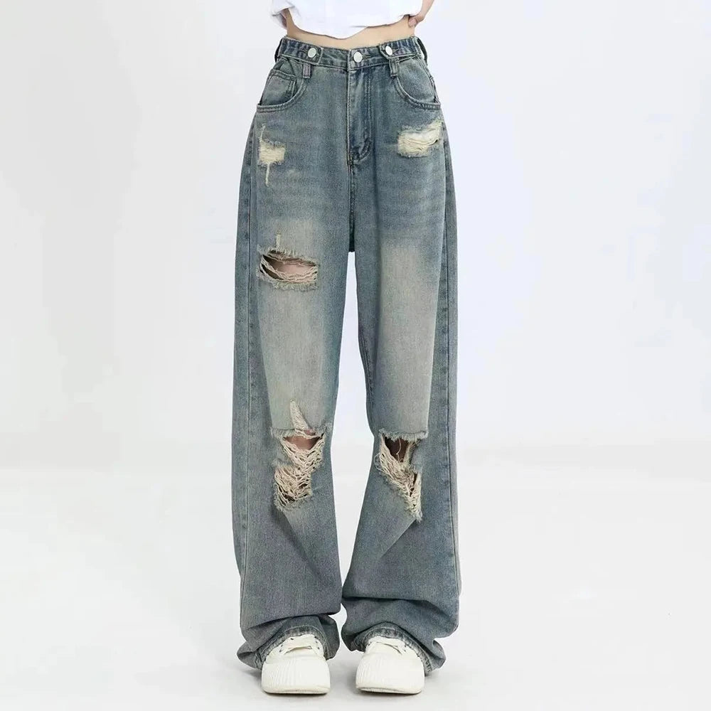 American Retro Hole-punched Jeans Women High Waist Straight-crotch Loose Slim Design High-street Vibe Wide-legged Dragging Pants - Matrix-studios.com