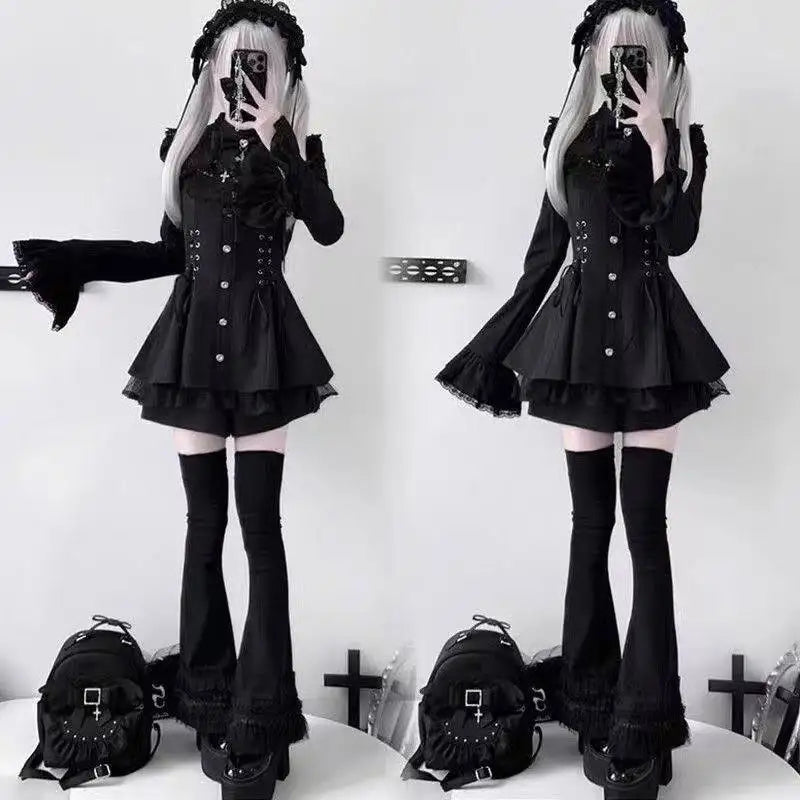 Y2k Aesthetic Lolita Style Bow Dress Shorts Set Japanese Women Gothic Lace Flare Sleeve Button Shirt Dress Punk Party Mini Dress - Matrix-studios.com