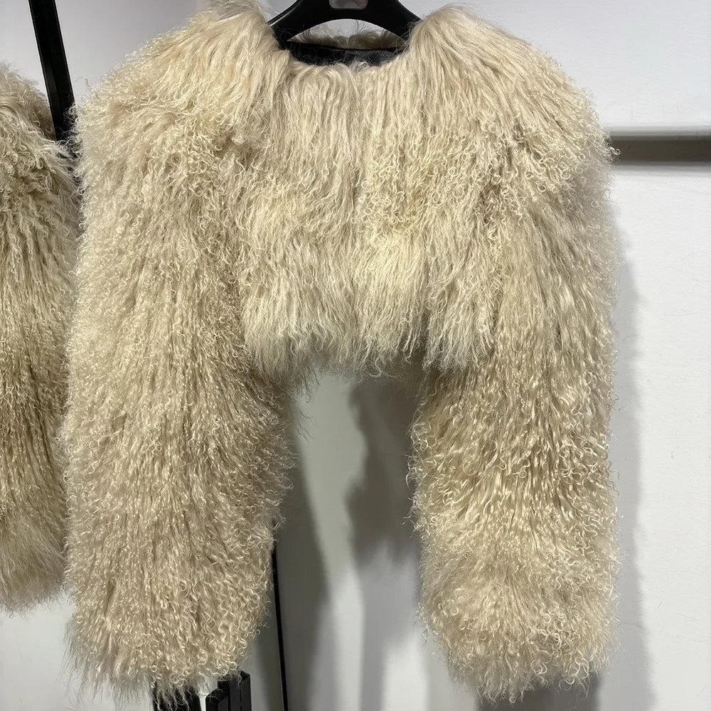 Short Genuine Fur Coat Mongolia Sheep Fur Long Sleeves Women's Warm Jacket - Matrix Studios