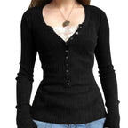 Women Button Front Knit Tops Long Sleeve Lace Patchwork Slim Fit Sweater Fall Fairy Grunge Gothic Y2K Clothes - Matrix Studios