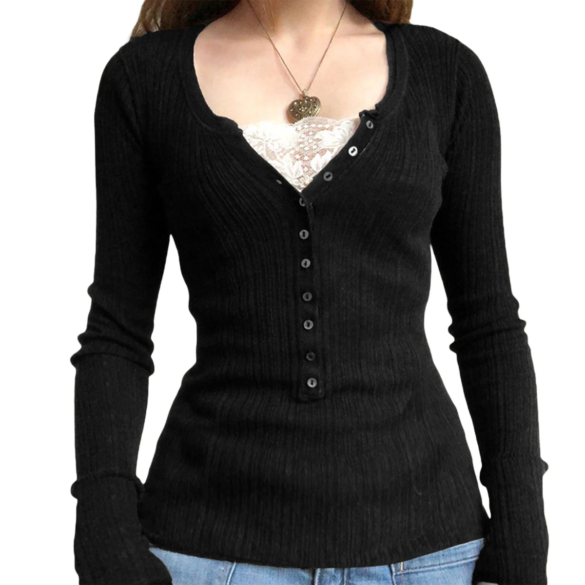 Women Button Front Knit Tops Long Sleeve Lace Patchwork Slim Fit Sweater Fall Fairy Grunge Gothic Y2K Clothes - Matrix Studios