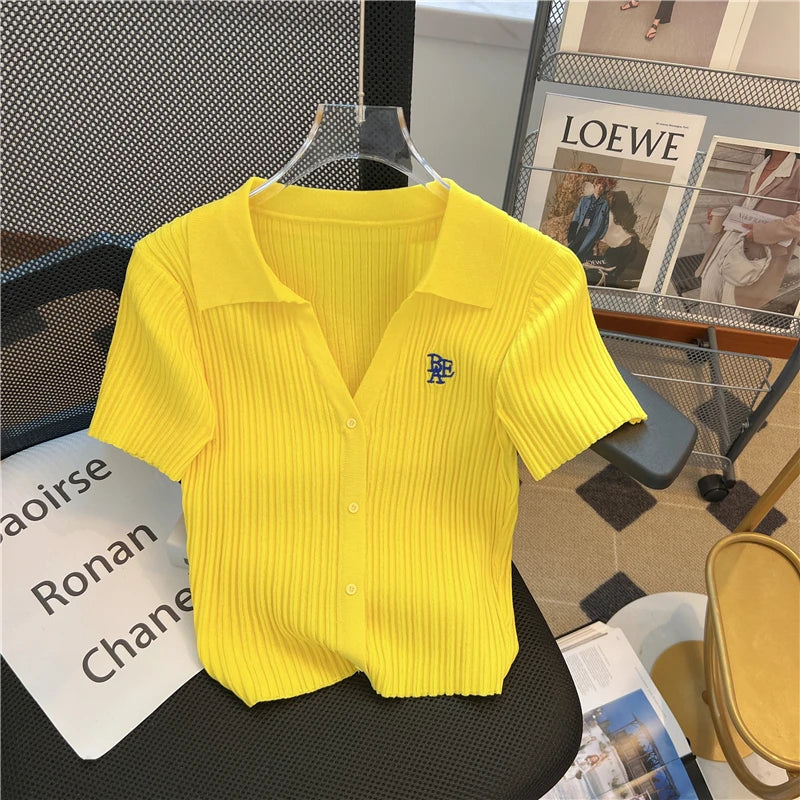 Summer Yellow Knitted Polo Shirt Women's 2024 New French V-Neck Letters High Waist Slim-Fit Ice Silk Top Short-Sleeved T-Shirt - Matrix-studios.com