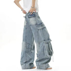 IEFB American Style Men's Jeans Solid Color Multi Pockets Casual Worn-out Trousers Deconstruction Wide Leg Denim Pants 9W4066 - Matrix Studios