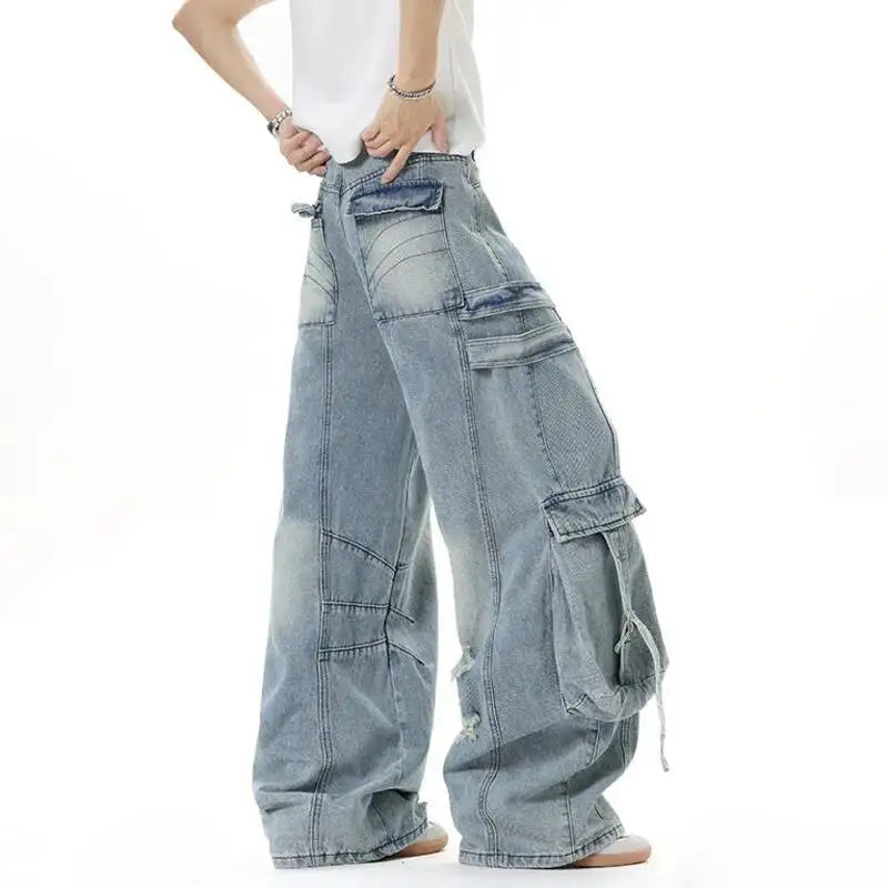 IEFB American Style Men's Jeans Solid Color Multi Pockets Casual Worn-out Trousers Deconstruction Wide Leg Denim Pants 9W4066 - Matrix Studios