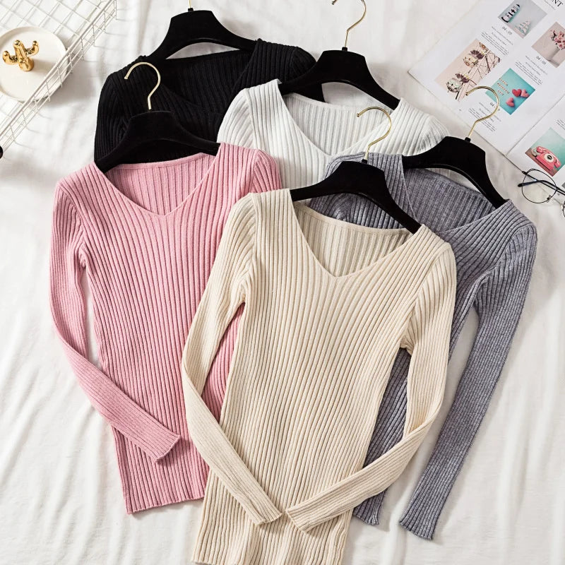 Autumn Winter Women Sweaters Casual Long Sleeve Knitted V Neck Pullover Sweater Femme Basic Solid Jersey Tops Fashion Clothes - Matrix-studios.com