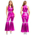 Women Vintage One Piece 70s Disco Dance Rompers Sleeveless Metallic Bell Bottom Flared Pants Jumpsuit for Retro Party Jazz Dance - Matrix Studios
