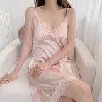 Sexy Lace V Neck Lingerie Dresses Women Night Dress Satin Sleepwear Lace Up Sleepwear Sleeveless Night Gown Bathrobe Nightdress - Matrix-studios.com