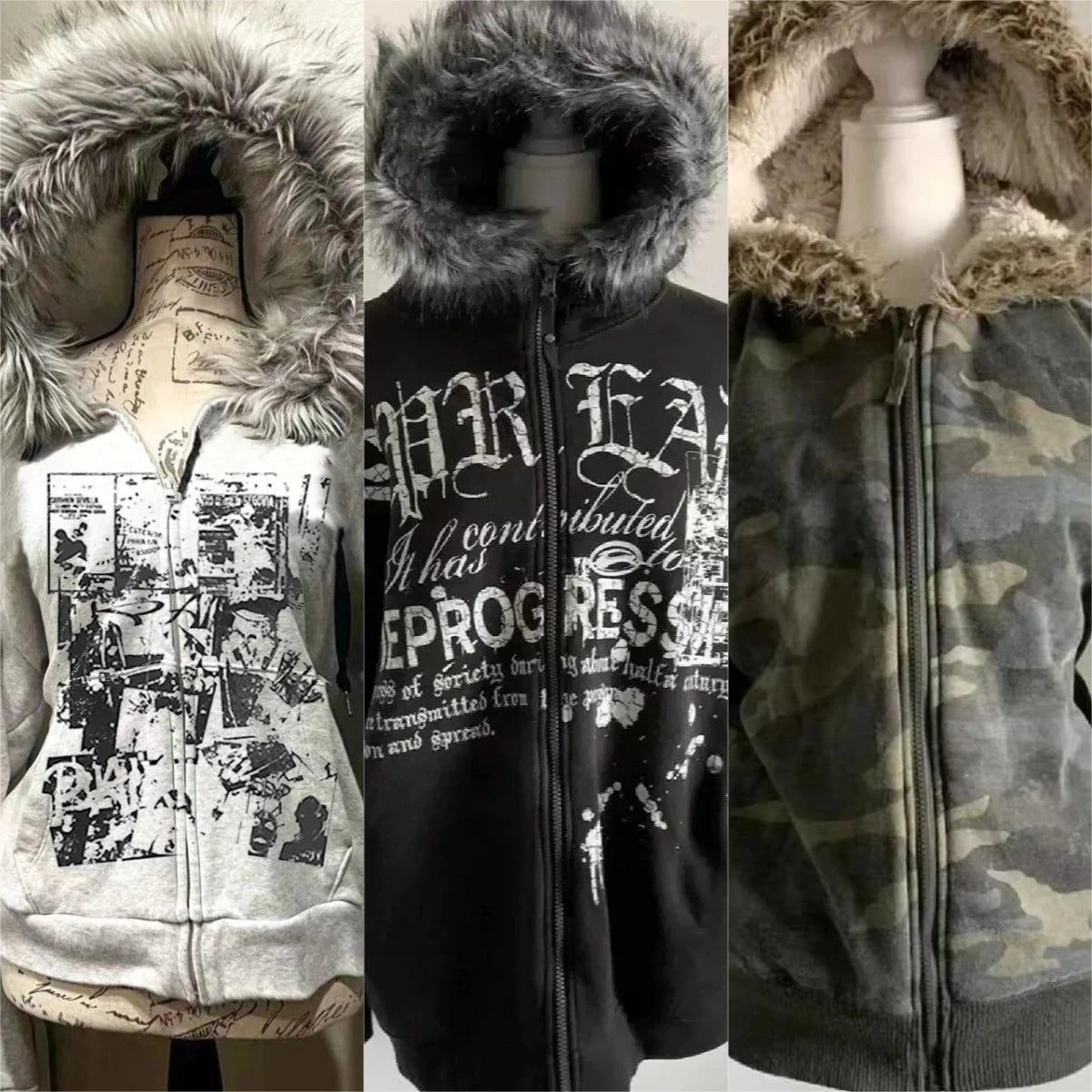 Subculture Gothic Women Coats with Hoodies Vintage Korean Harajuku Black Jackets Faux Fur Coat Female Loose Casual Sweatshirt - Matrix Studios