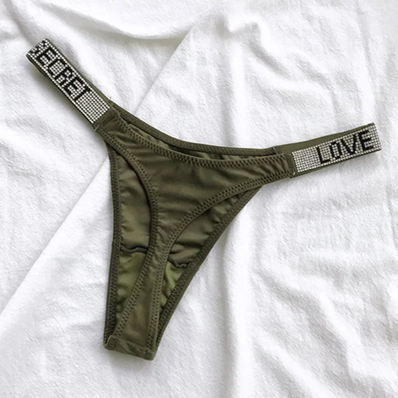 Low Waist Sexy Women Thongs Panties Rhinestones letter Diamonds G String Sports Thong Shorts Briefs T-back Fitness Size S-XL - Matrix Studios