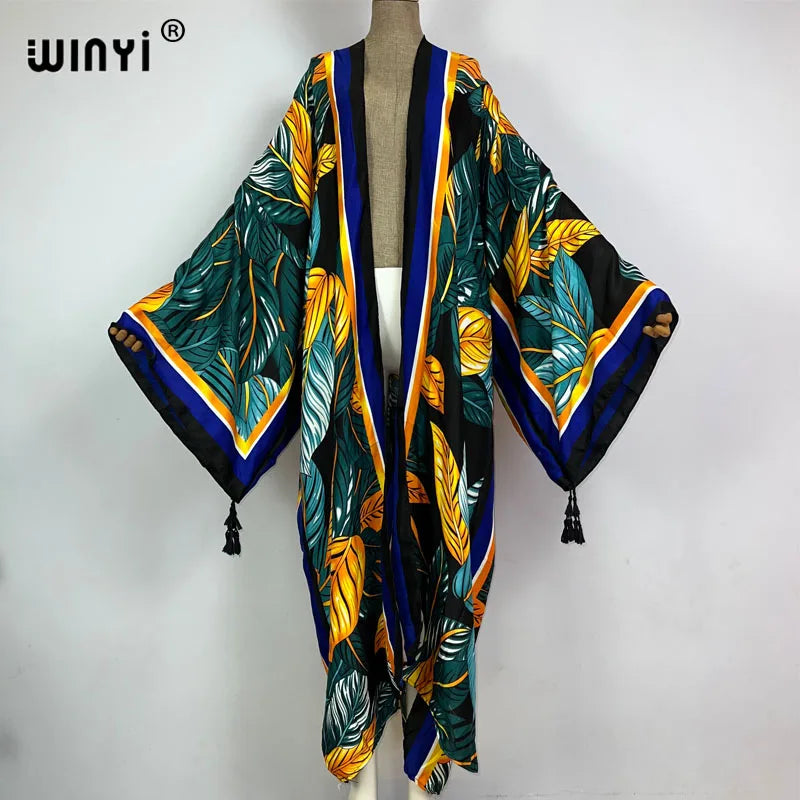 2023 WINYI New Cotton Feeling Bikini Cover-ups Bohemian Print Front Open Long Kimono Kaftan Beach Cover Ups for Swimwear Dresses - Matrix Studios