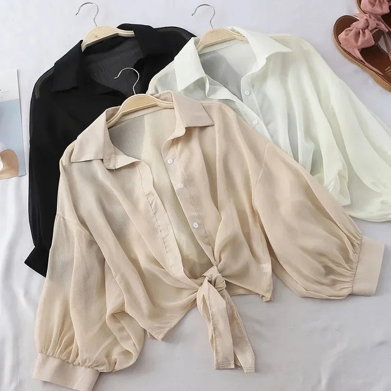 Casual Loose Hollow White Clothes Elegant Solid Color Tied Waist Blouse Women Summer Bat Half Sleeve Button Chiffon Shirt - Matrix-studios.com