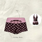 Women Swimwears Polka Dot 2-Piece Tankini Set Halter V Neck Front Tie Cami Top & Contrast Waistband Drawstring Swim Shorts - Matrix-studios.com