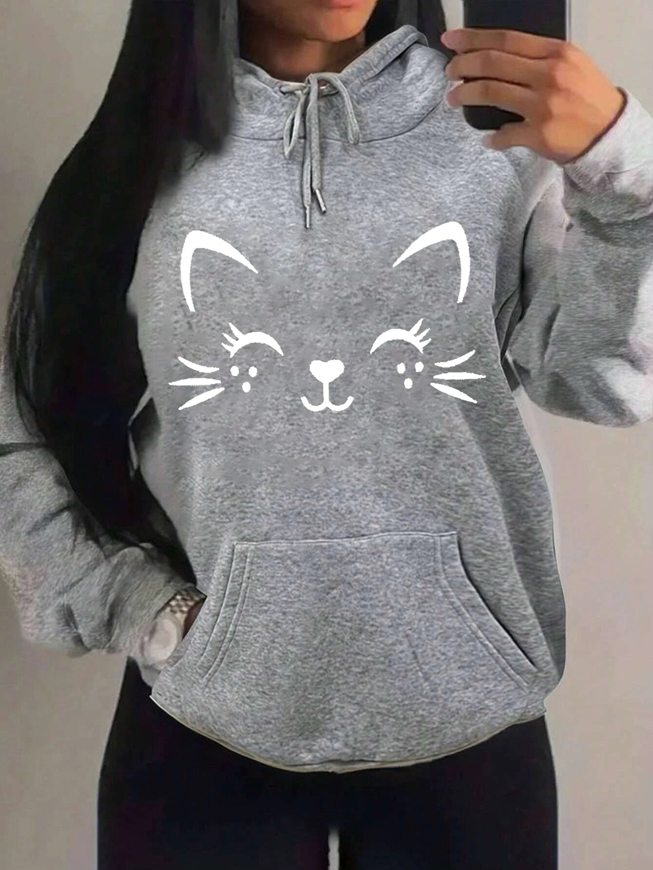 Simple Word Cat Happy Pattern Women Hoodies Fashion Casual Streetwear Personality Hip Hop Hoodie Trendy Fleece Pulloverar