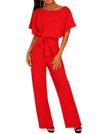 Women Jumpsuits Elegant Solid Color Flare Short Sleeve Waist Tie Wide Leg Pants Romper Summer Streetwear - Matrix Studios