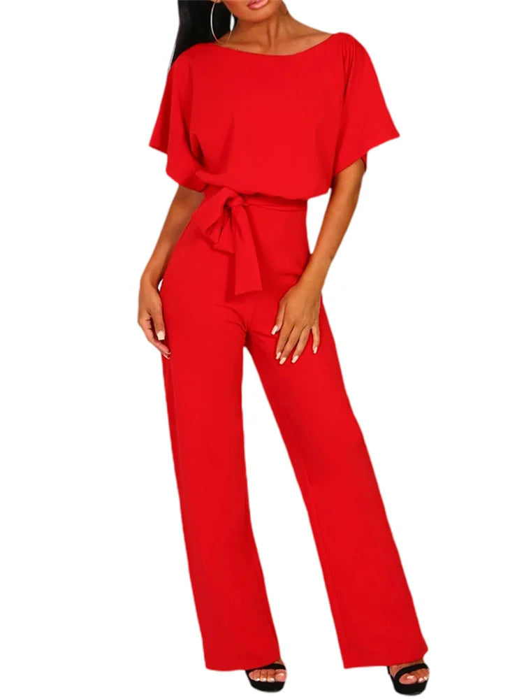 Women Jumpsuits Elegant Solid Color Flare Short Sleeve Waist Tie Wide Leg Pants Romper Summer Streetwear - Matrix Studios