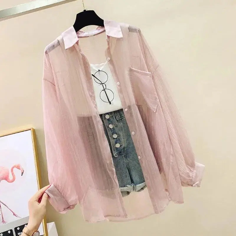 Summer Sunscreen Shirt Elegant Perspective Thin Chiffon Blouse Korean Harajuku See Through Loose Top Casual Women's Cardigan - Matrix-studios.com