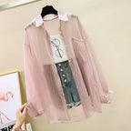 Summer Sunscreen Shirt Elegant Perspective Thin Chiffon Blouse Korean Harajuku See Through Loose Top Casual Women's Cardigan - Matrix-studios.com