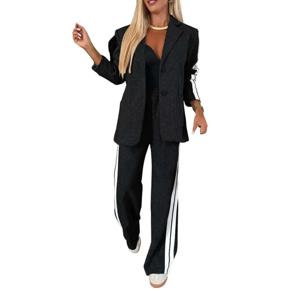 2 Pcs/Set Lady Formal Coat Pants Set Turn-down Collar Single-breasted Long Sleeves Jacket Loose Striped Wide Leg Trousers Casual - Matrix-studios.com