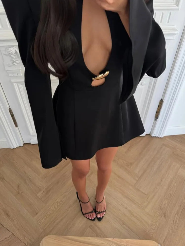 CNYISHE Metal Buckle Hollow Out Women Dresses Autum Fashion Solid O Neck Sheath Long Sleeve Sexy Club Female Bodycon Chic Robes - Matrix-studios.com