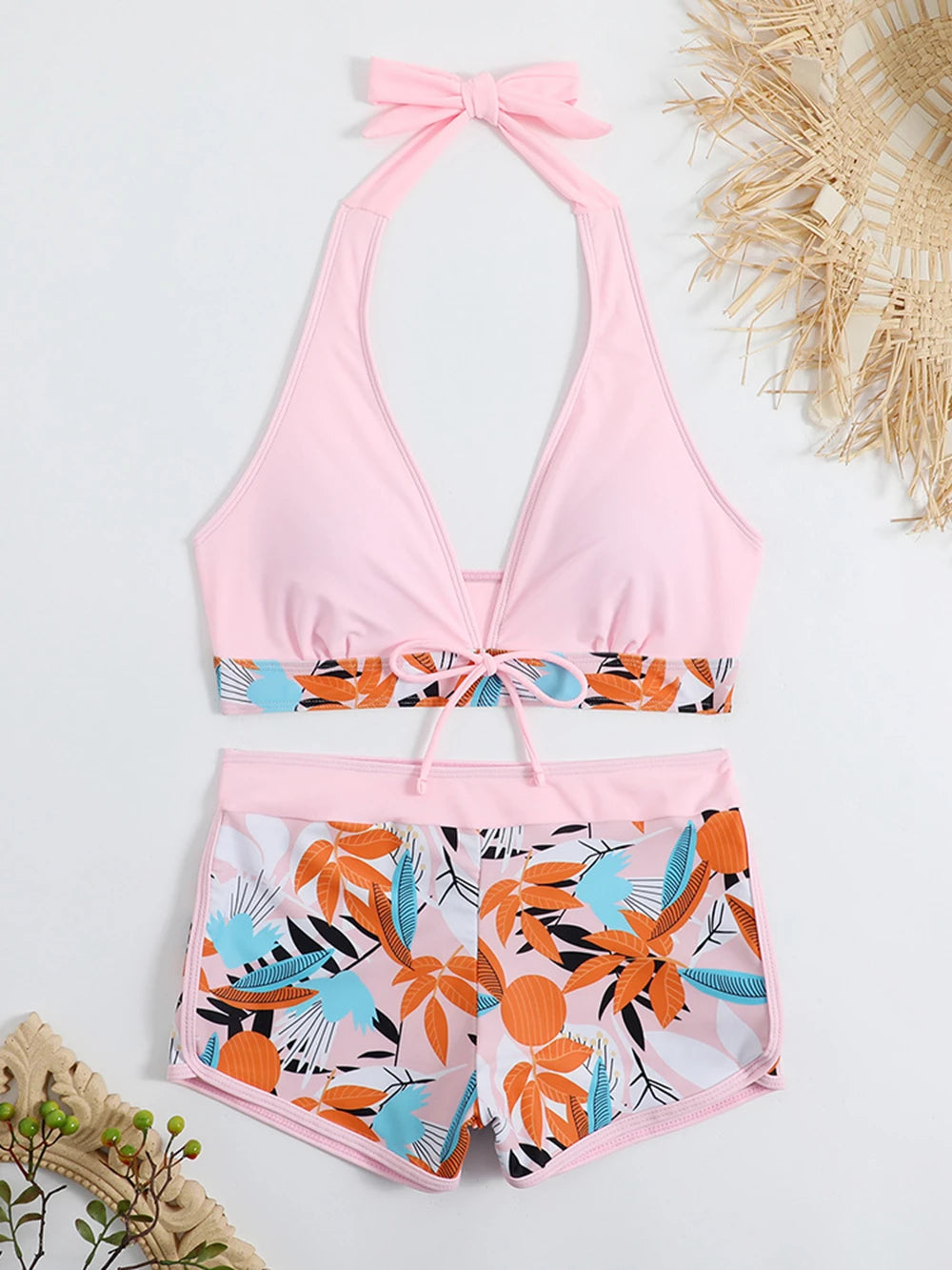 15 Colors Swimwear Women Two-Piece Suit Patchwork Halter Bikini Top With High Waisted Boxer Bottom College Sporty Surfing Suit - Matrix-studios.com
